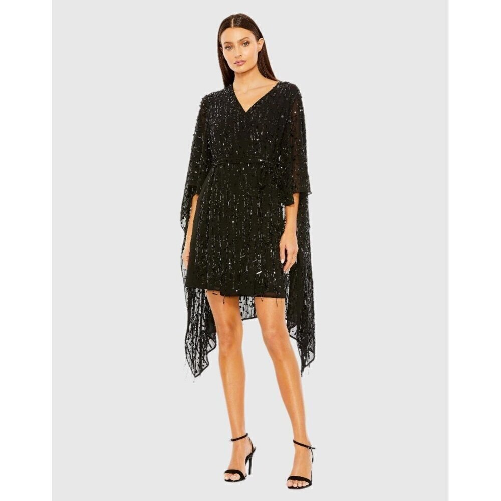Mac Duggal Size Small 94044 Black Cape Back Fringe Beaded Robe Cocktail Dress